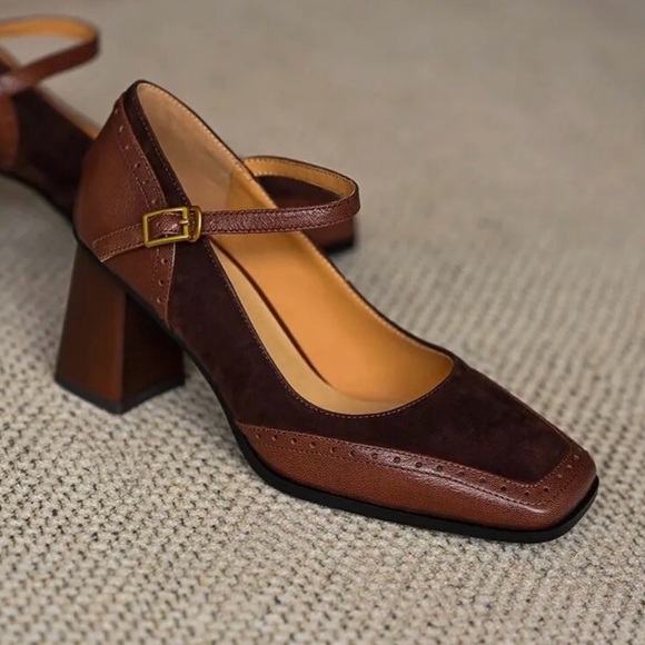 fashion jinpinnvxie shishang Shoes - VINTAGE Brown Leather Suede Two-Tone Mary Jane Square-Toe Chunky Mid-Heel Shoes